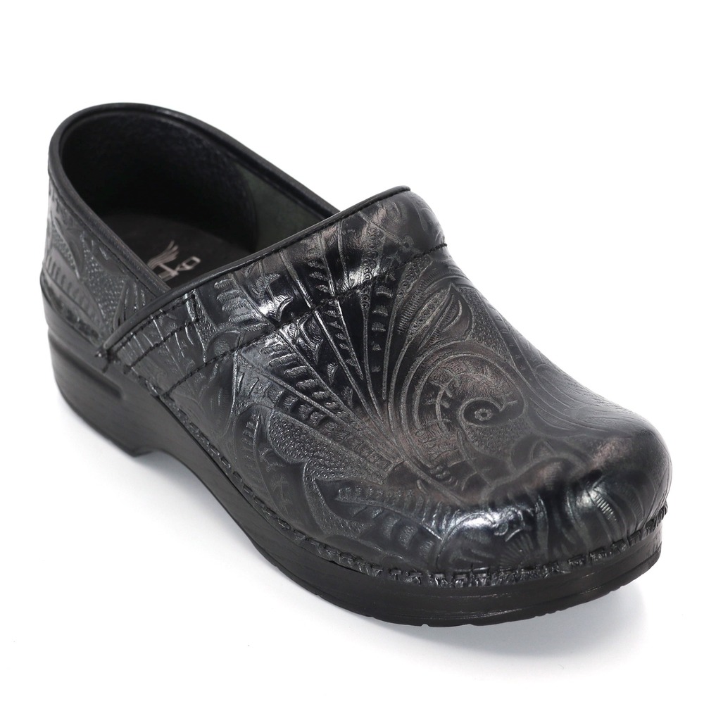 Dansko Professional Clogs Womens 37 Black Embossed Floral Paisley Comfort Shoe